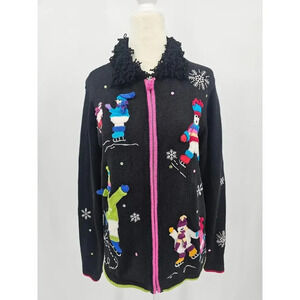 Karen Scott Sport Women's S Black Christmas Snowman Zip Up Holiday Sweater